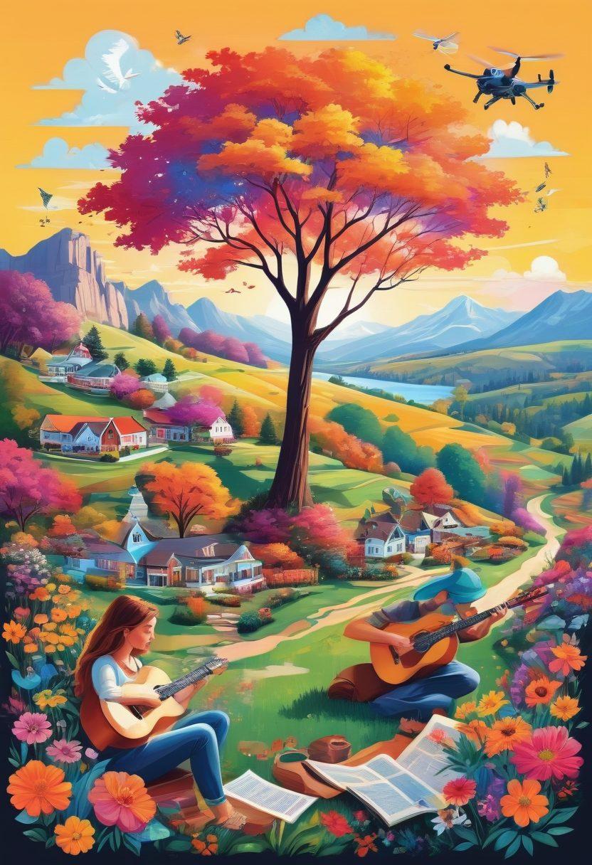 A vibrant collage of various hobbies: a person painting an intricate canvas, another playing a guitar, someone gardening with colorful flowers, a person reading a captivating book under a tree, and someone flying a drone over a scenic landscape. Each activity surrounded by a warm, inviting aura. vector art. vibrant colors.