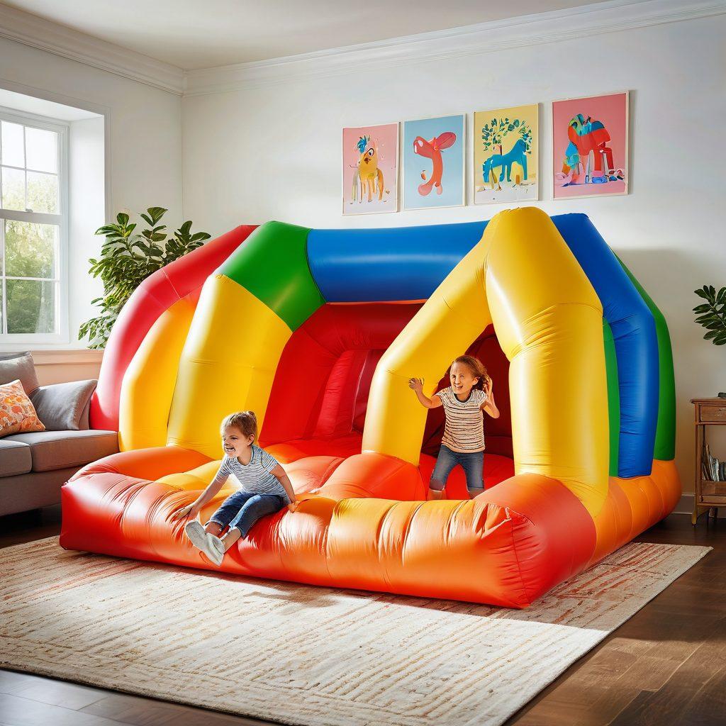 A vibrant scene depicting both indoor and outdoor activities: kids playing a lively game of hide and seek in a colorful, cozy living room transitioning seamlessly into a sunny, green park with kids enjoying a giant inflatable obstacle course. The image should capture joy, energy, and variety. Super-realistic. Vibrant colors.